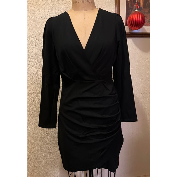 Sarin Mathews Deep V Neck Ruched Bodycon Long Sleeve Mini Dress Black NWT Size M - Picture 3 of 8